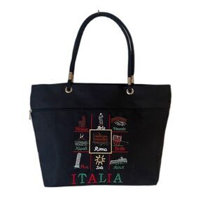 Italy Tote Bag Black Souvenir Embroidered Zip Close With Handles